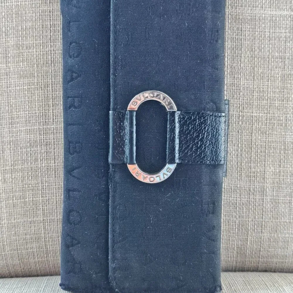 BVLGARI Clutch Long Wallet Card Holder Black Leather/Canvas Bag Purse Made Italy - Picture 1 of 14